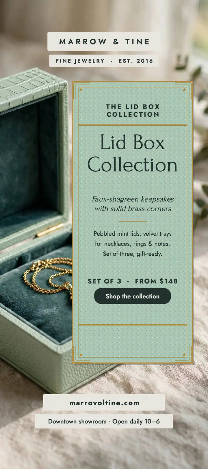 Marrow and Tine keepsake box rack card template