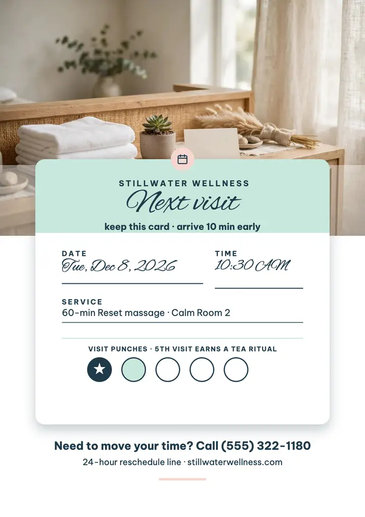 Stillwater Wellness next visit card flyer: appointment card flyer template