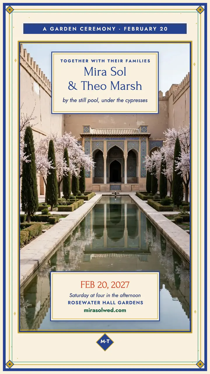 Mira and Theo garden ceremony invite template