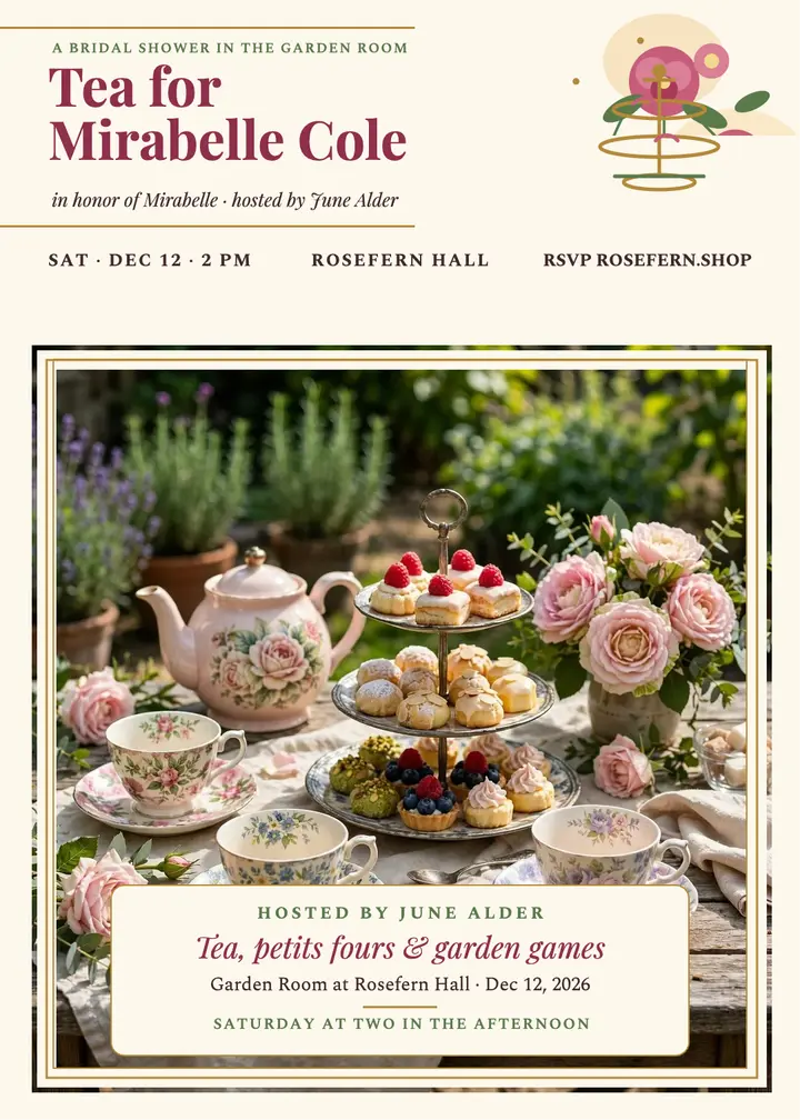 Mirabelle bridal tea invitation, garden room template