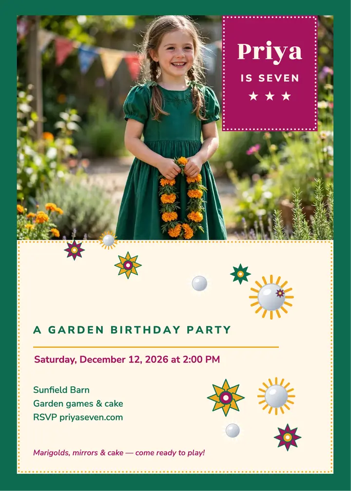 Priya seven garden birthday invite template
