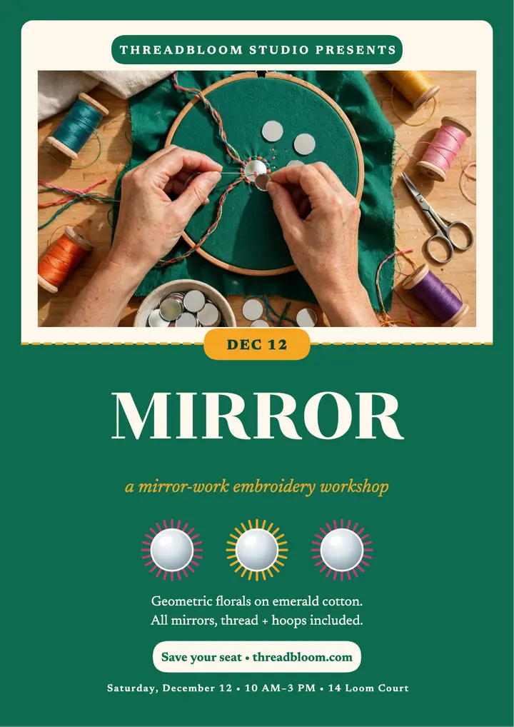 Threadbloom mirror embroidery workshop flyer template