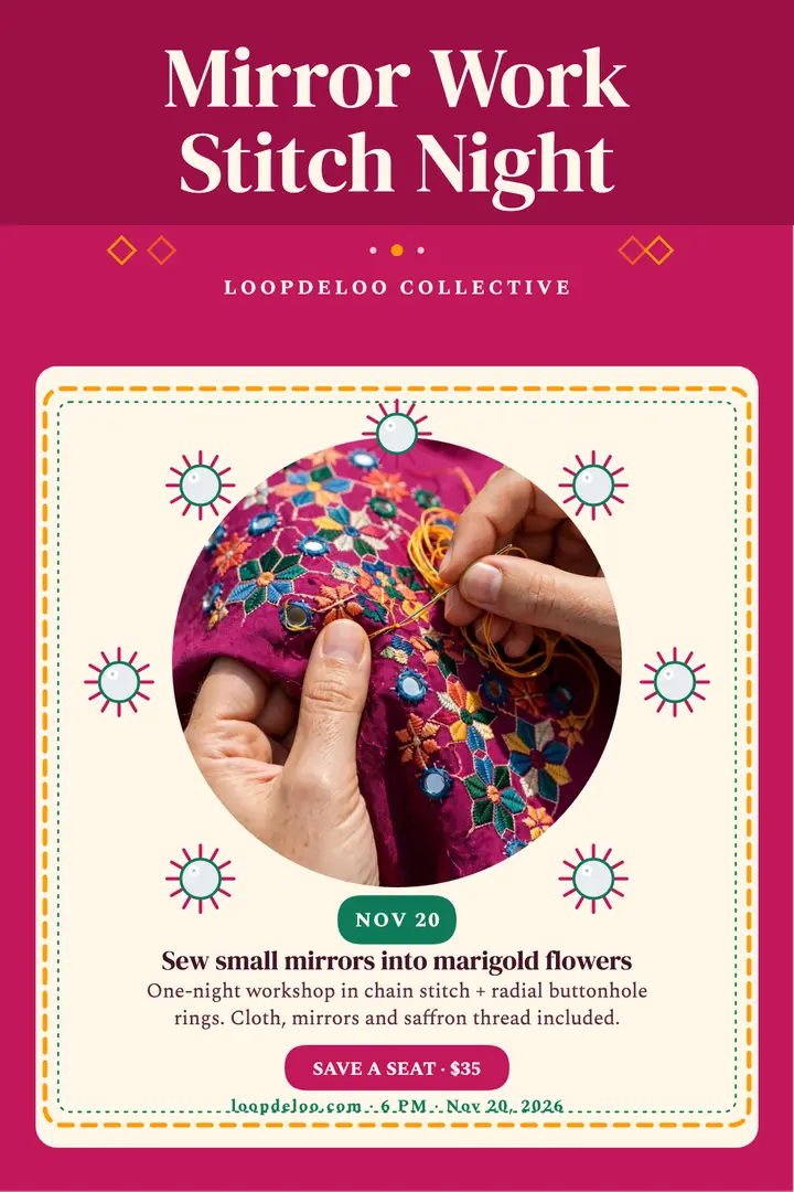 Loopdeloo mirror embroidery workshop poster: embroidery workshop poster template