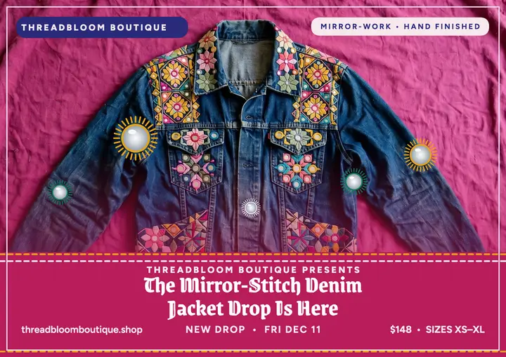 Threadbloom mirror jacket drop card: denim jacket drop card template