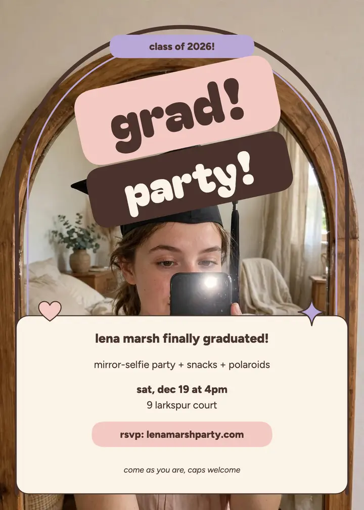 Lena Marsh mirror selfie grad party invite: graduation party invitation template