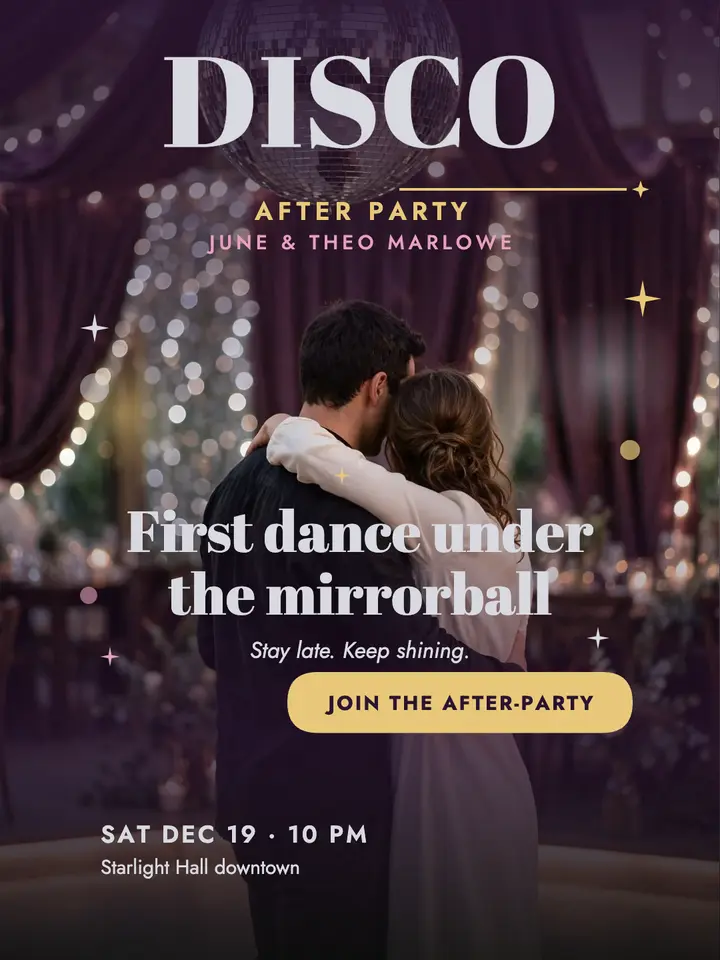 Mirrorball disco after-party portrait: disco wedding after-party post template