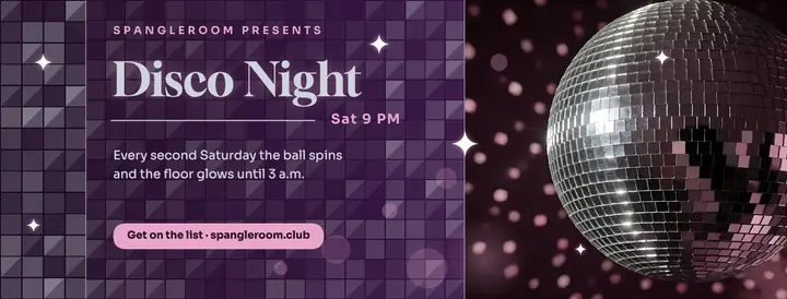 Spangleroom disco night Facebook cover, mirrorball glam template