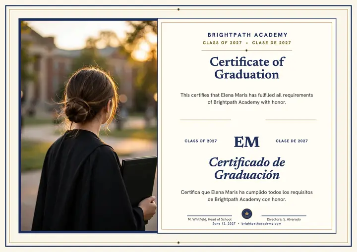 Mirrored graduation certificate, Elena Maris template