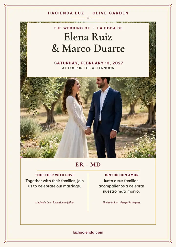 Mirrored vows bilingual invitation, Hacienda Luz template