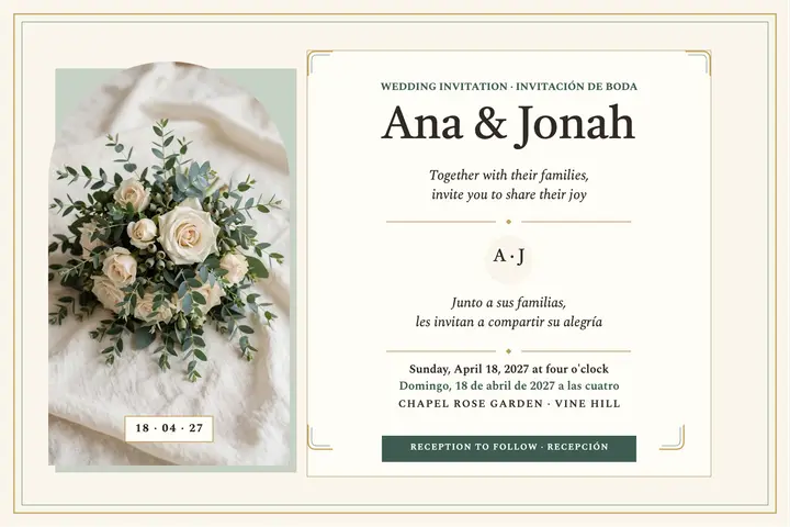 Mirrored vows bilingual wedding postcard: bilingual wedding invitation template