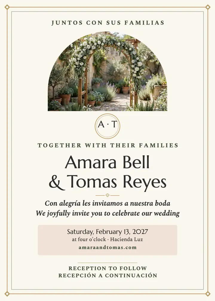 Amara and Tomas mirrored bilingual invitation: bilingual wedding invitation template