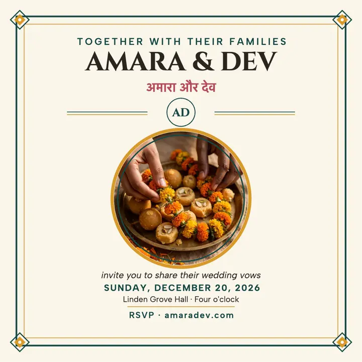 Mirrored wedding invite, Amara and Dev template