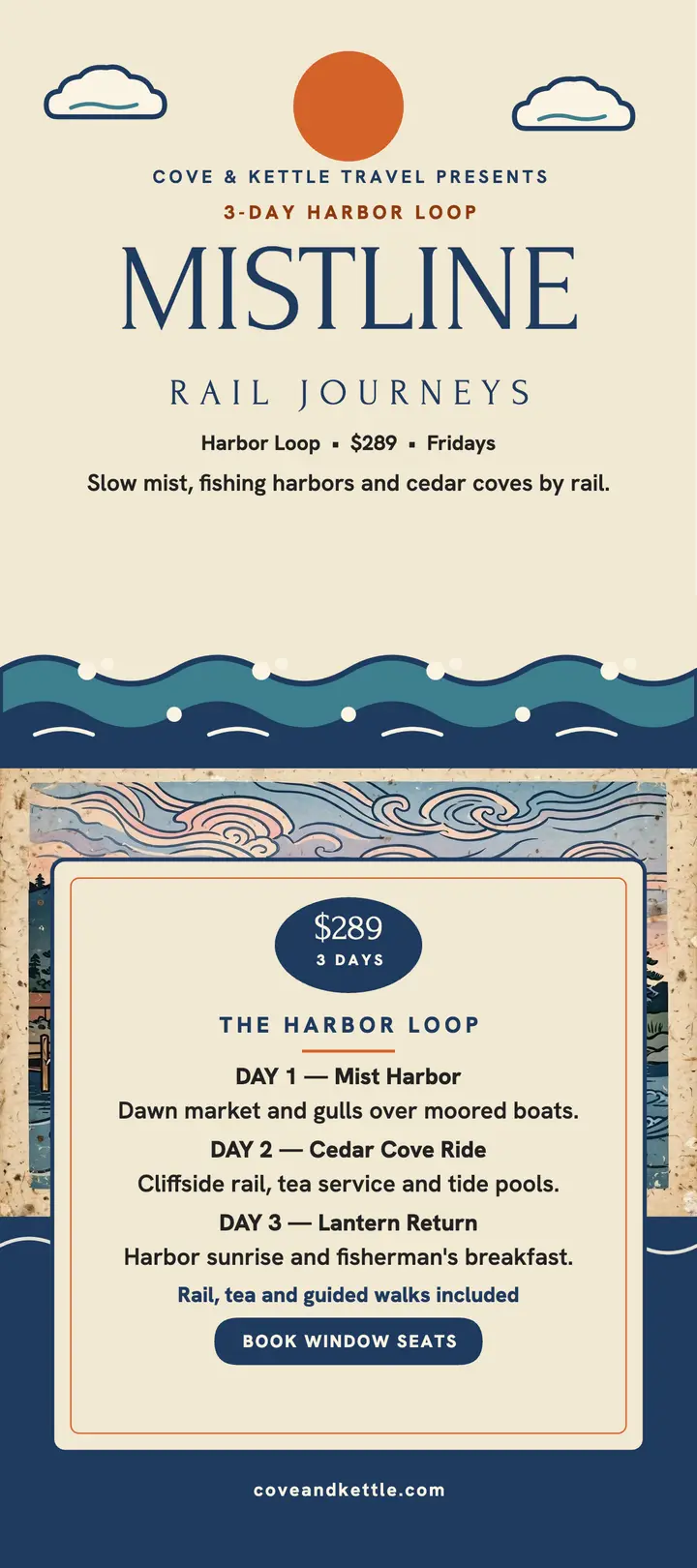 Mistline Harbor Rail rack card: rail journey rack card template
