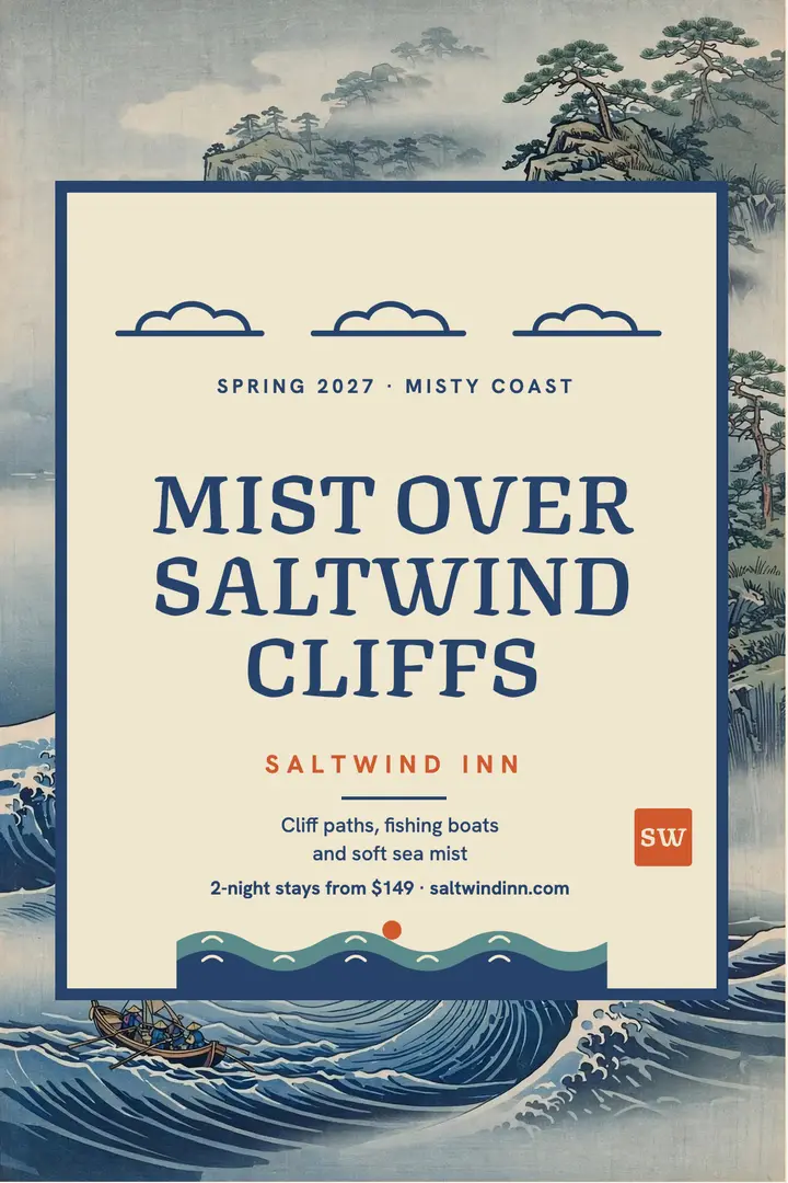 Saltwind Cliffs Inn misty coast poster template
