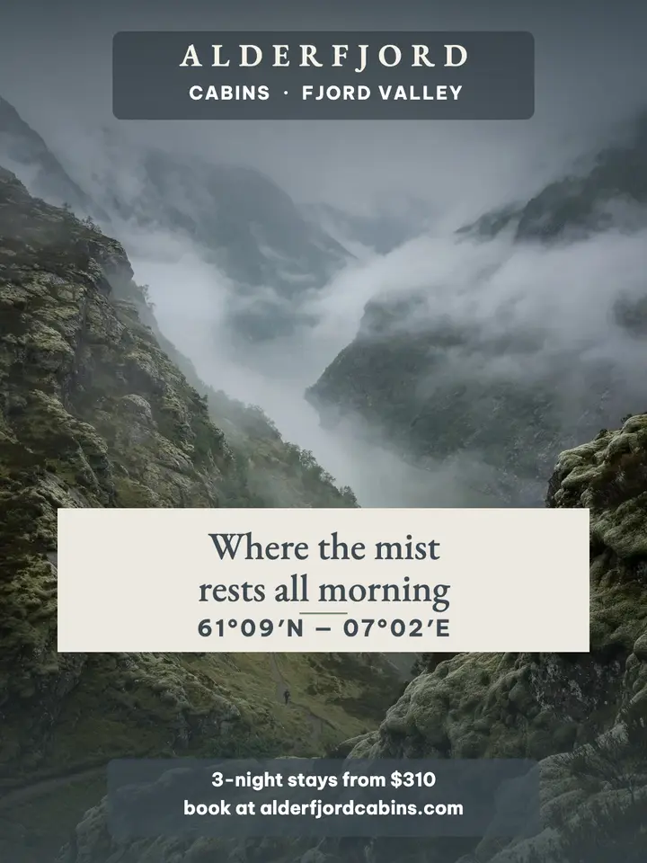 Alderfjord Cabins misty fjord portrait template