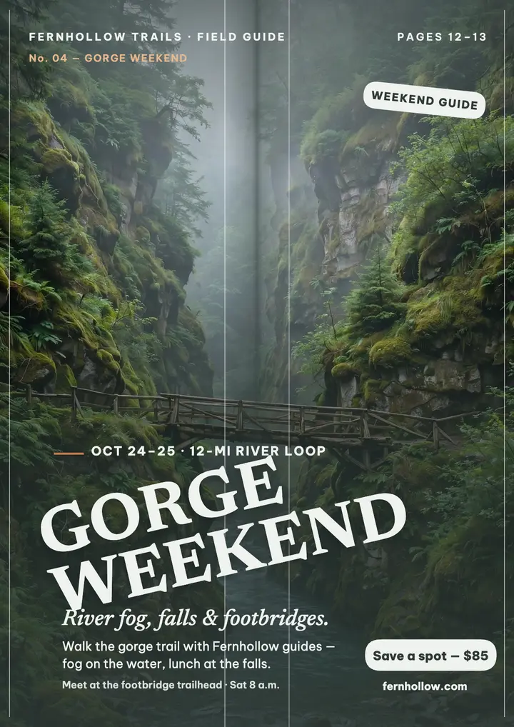Fernhollow Trails gorge weekend spread flyer template