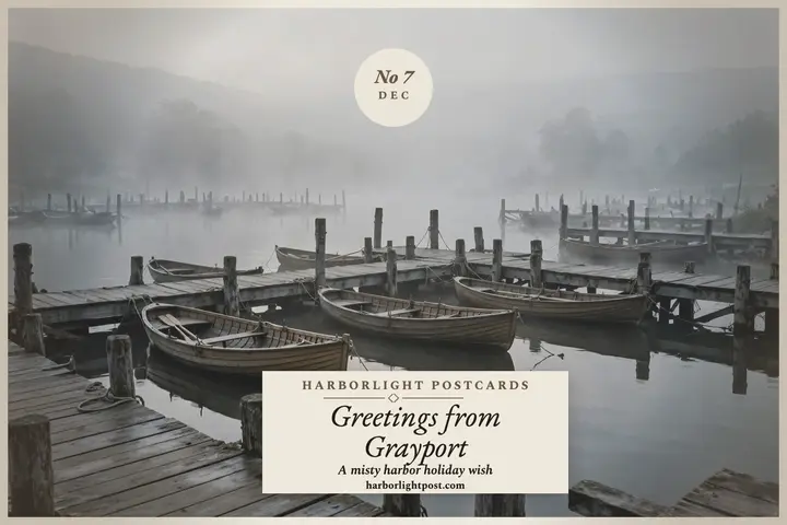 Misty harbor holiday postcard from Grayport template