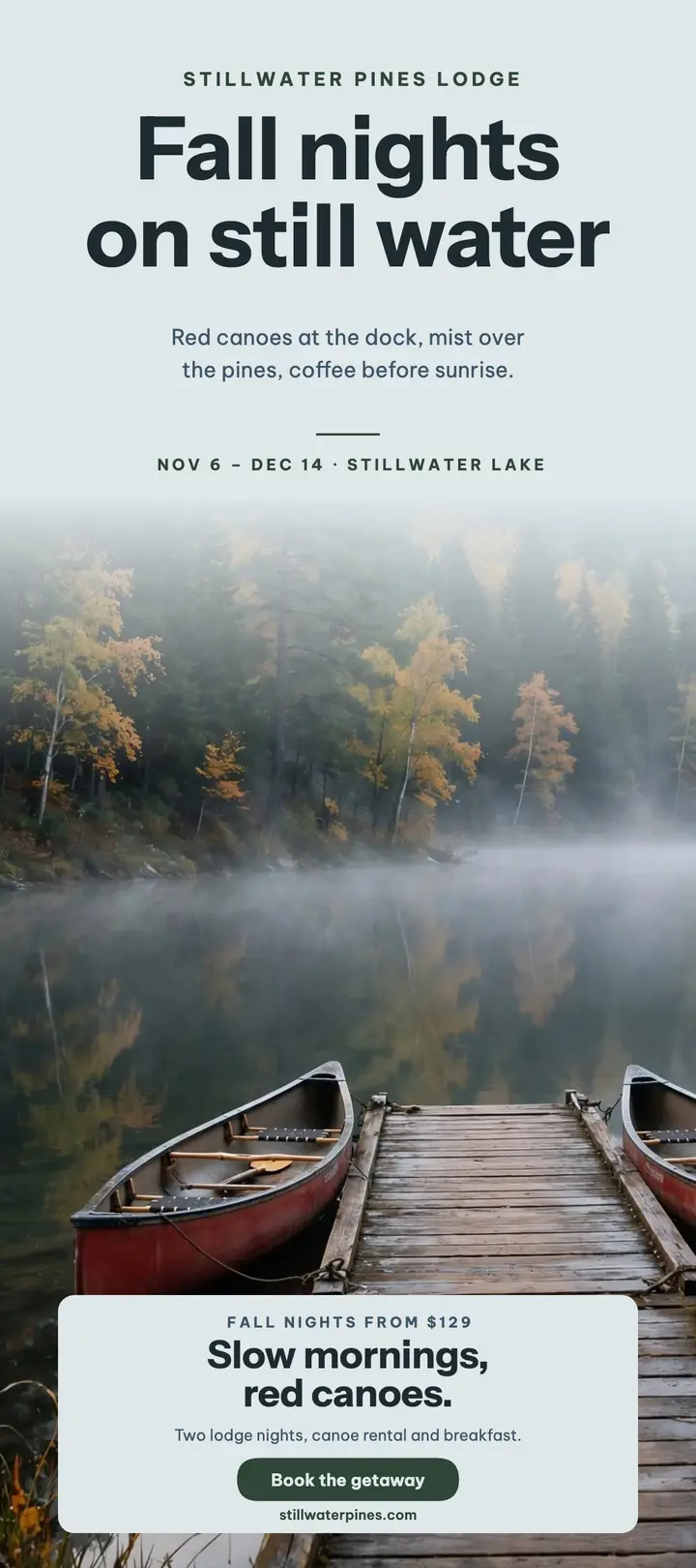Stillwater Pines fall lake getaway rack card template
