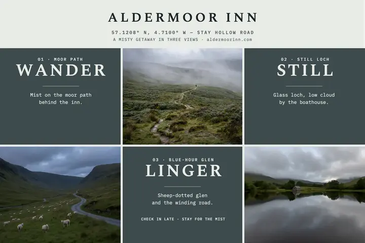 Aldermoor Inn misty getaway postcard trio template