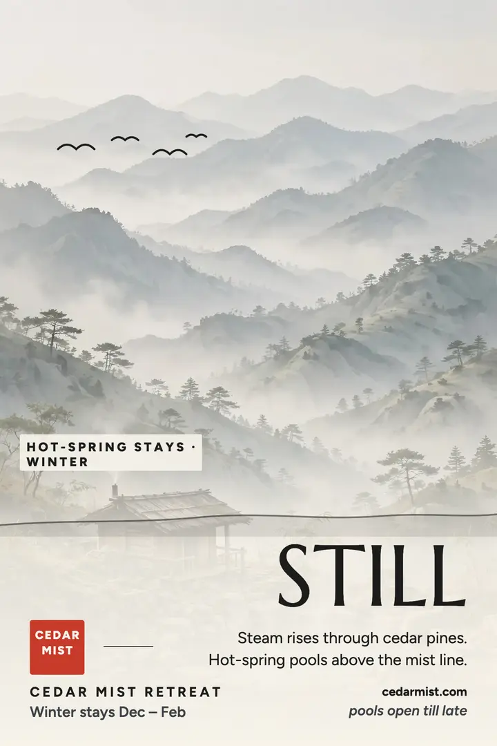Cedar Mist Retreat misty mountain poster: hot spring poster template
