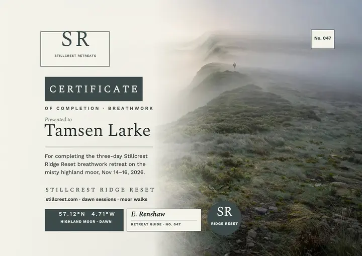 Stillcrest Ridge Reset breathwork certificate: wellness retreat certificate template