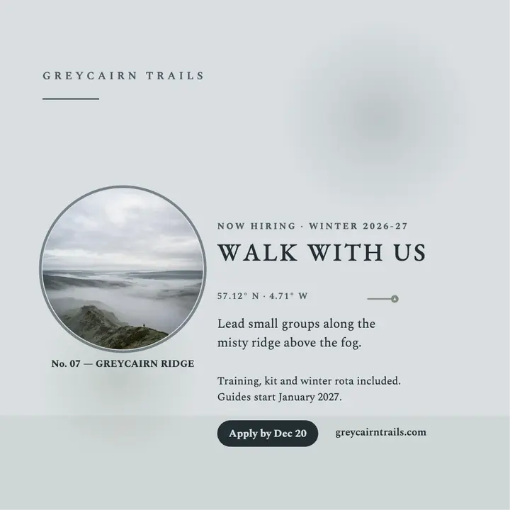 Greycairn Trails misty ridge hiring post template