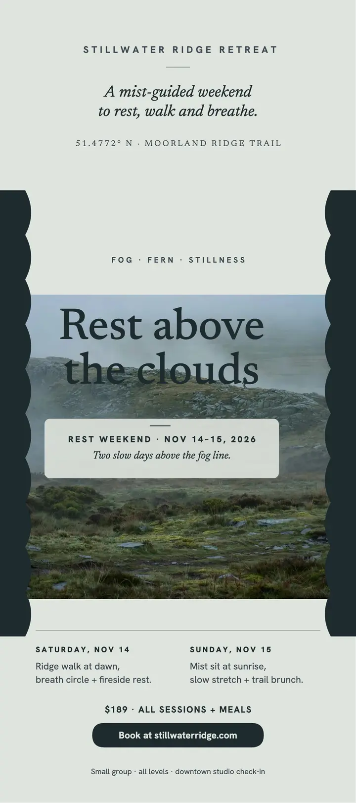 Stillwater Ridge misty retreat rack card: retreat rack card template