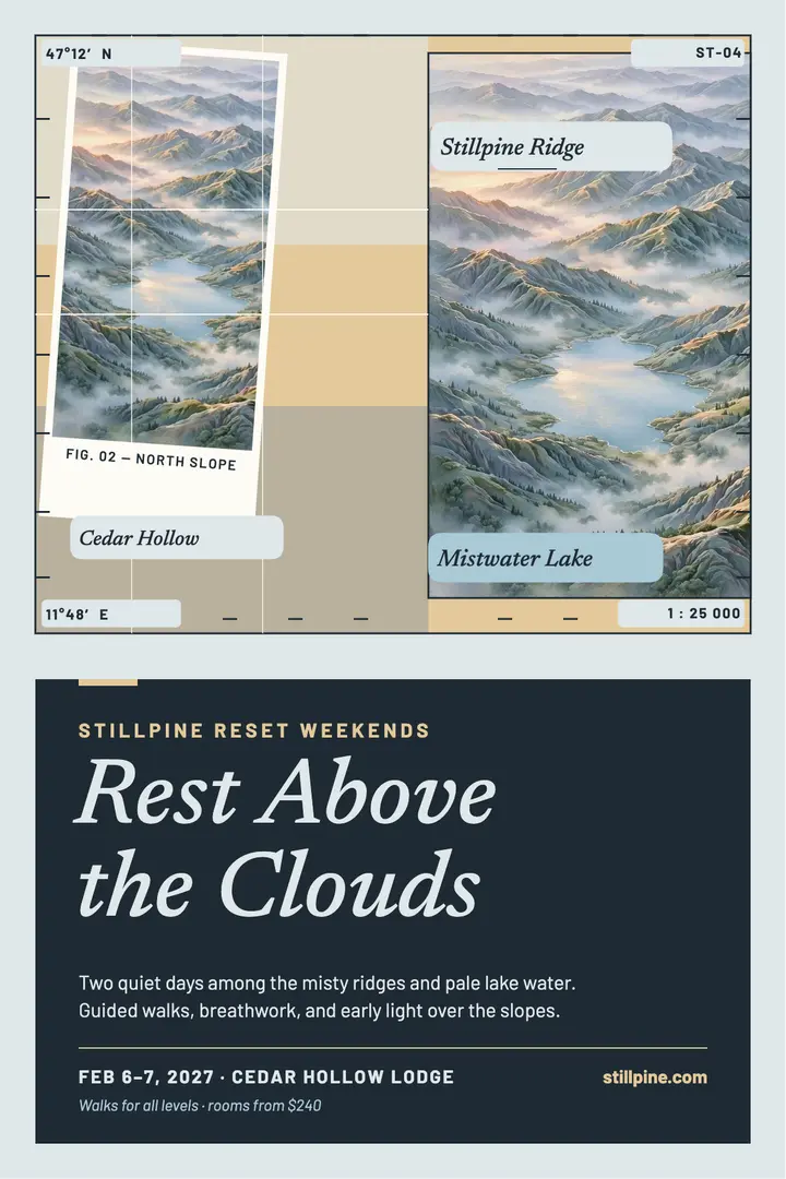 Stillpine misty ridge retreat poster: wellness retreat poster template