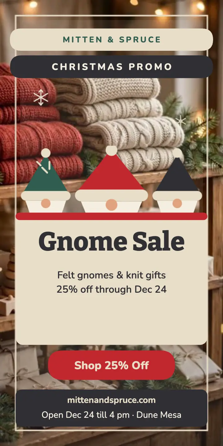 Mitten and Spruce gnome sale ad template