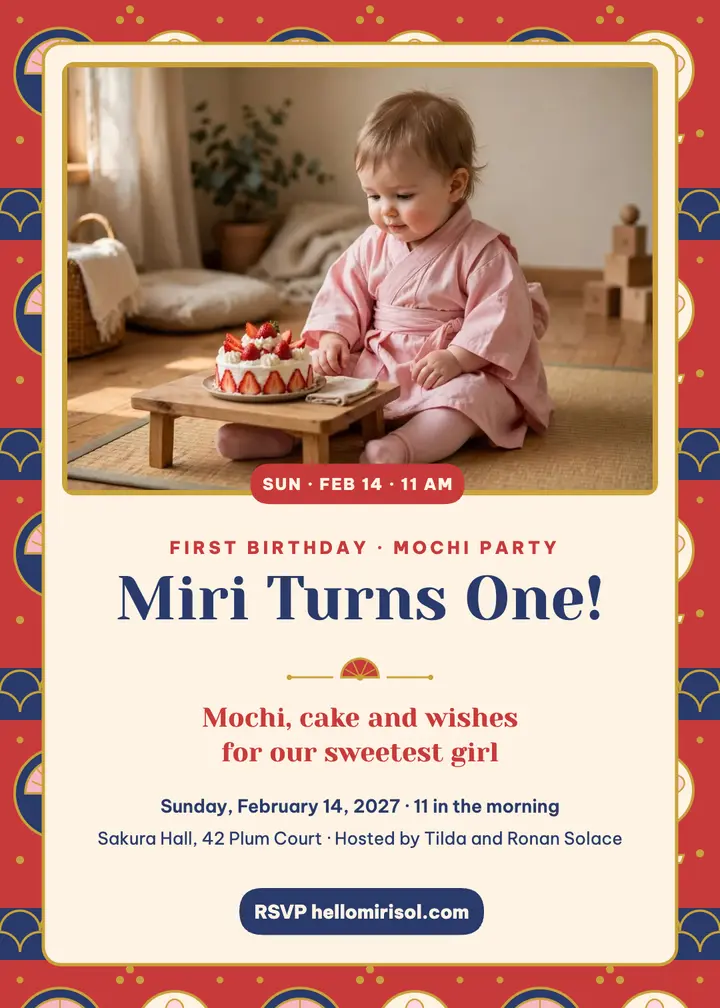 Miri first birthday mochi party invite template