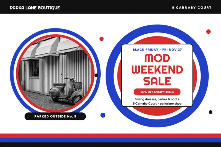 Parka Lane mod weekend sale postcard template
