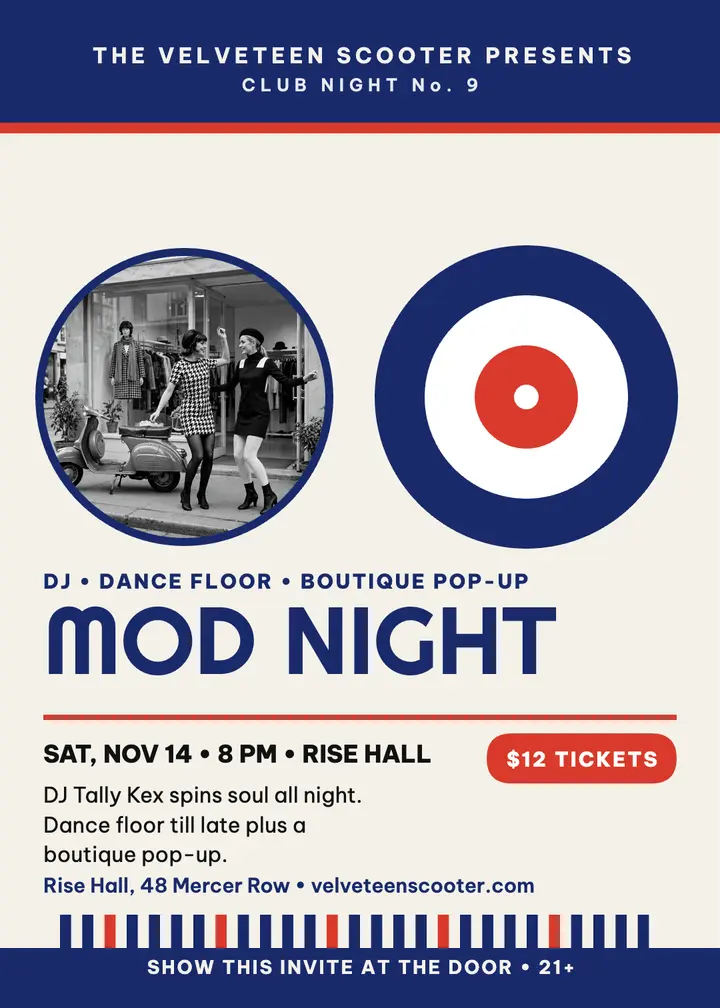 Velveteen Scooter mod night invitation: mod club night invitation template