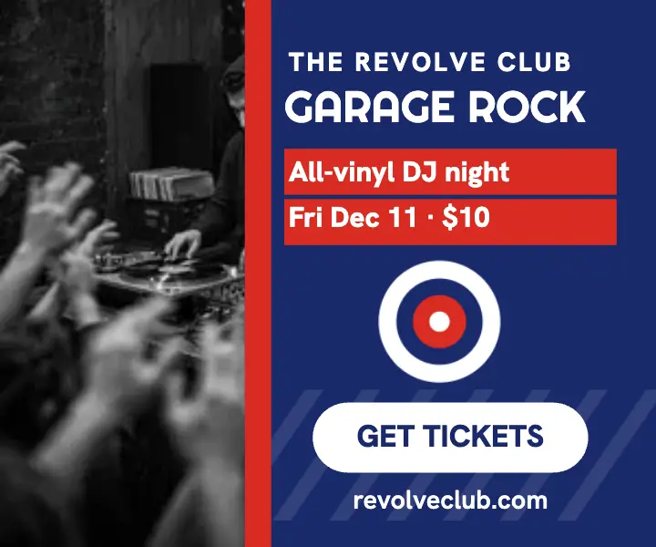 Revolve garage rock DJ night rectangle ad: dj night ad template