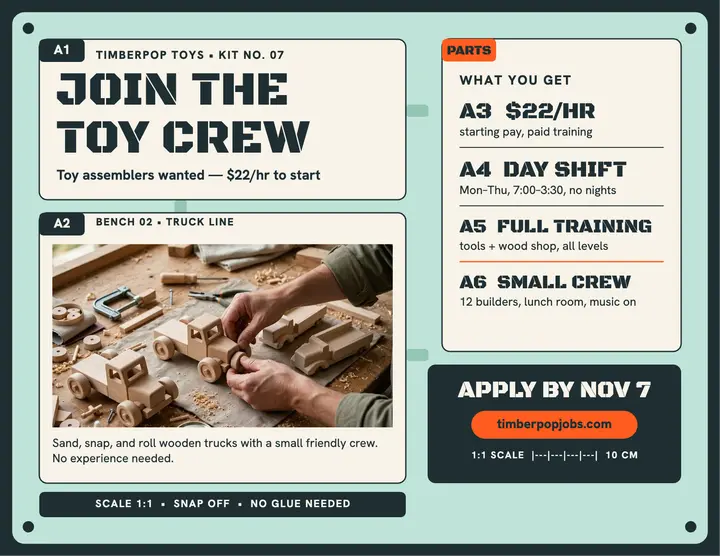 Timberpop toy crew hiring flyer: toy workshop hiring flyer template
