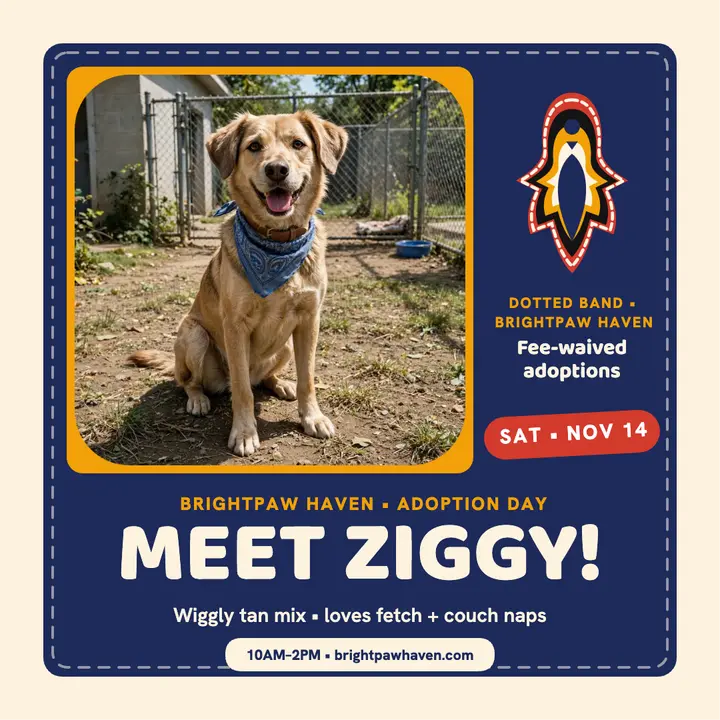 Brightpaw Haven adoption day poster, mola dog template