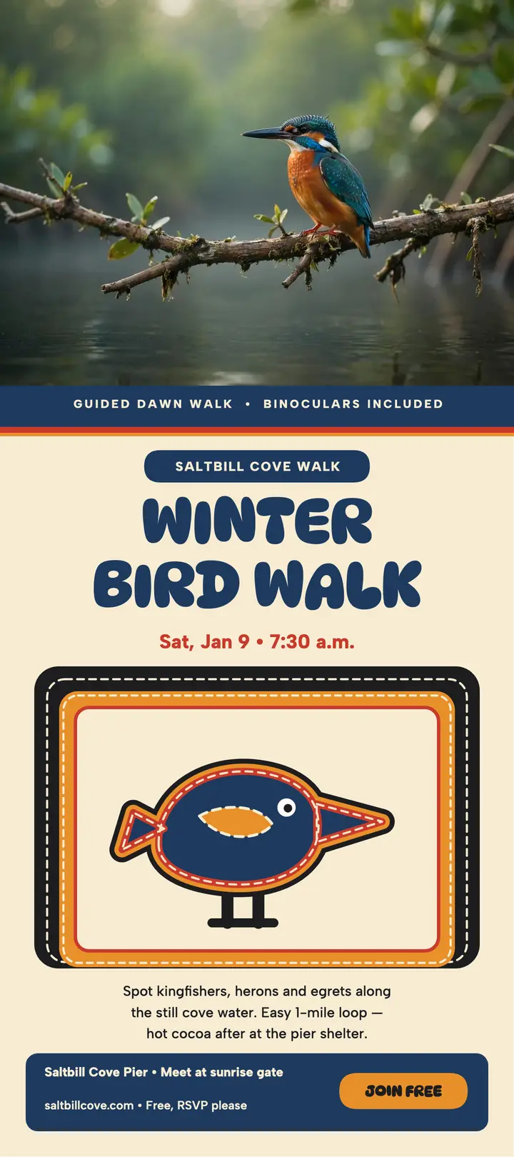 Saltbill Cove winter bird walk rack card template