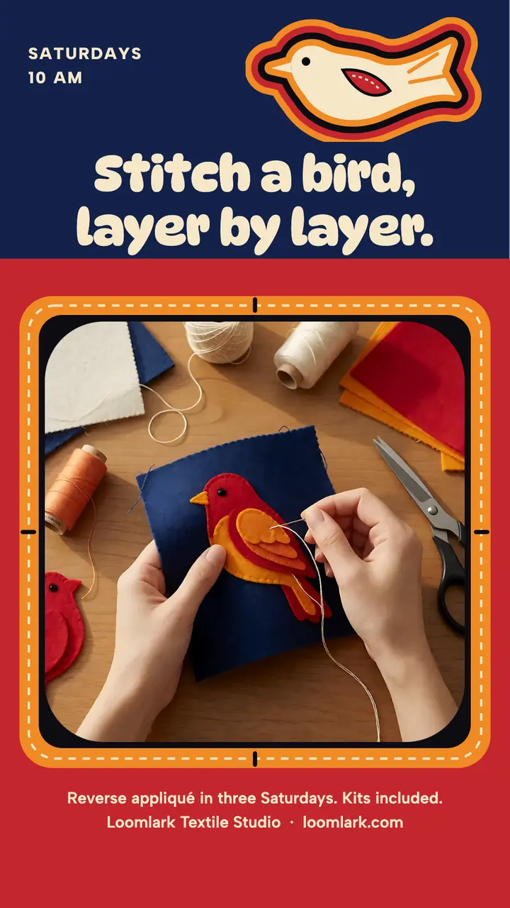 Loomlark mola bird class story: textile art class instagram story template