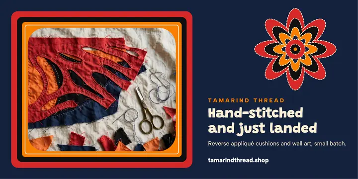 Tamarind Thread reverse appliqué drop post: handmade textile shop drop post template
