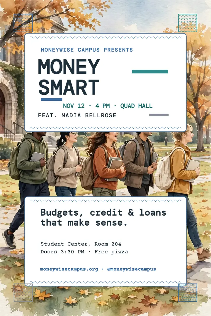 Money Smart campus talk poster: campus finance talk poster template