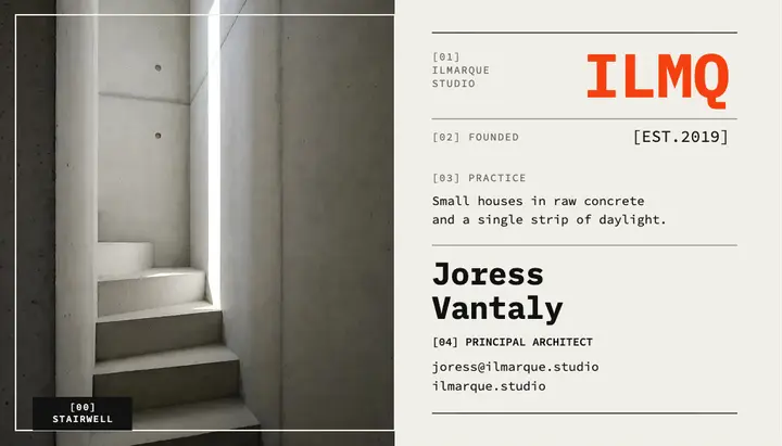 Ilmarque Studio architecture business card, mono editorial template