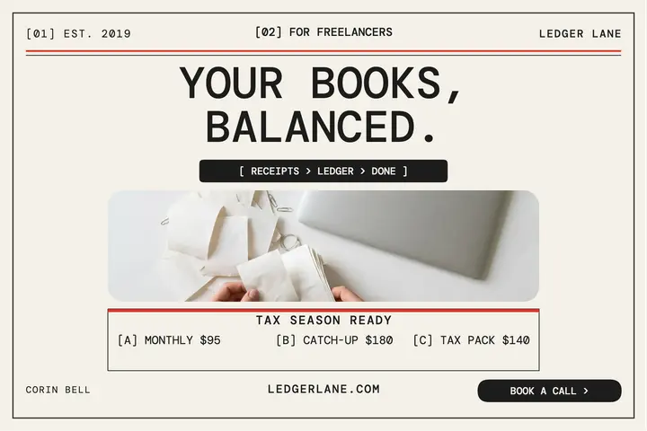 Ledger Lane freelance bookkeeping postcard template