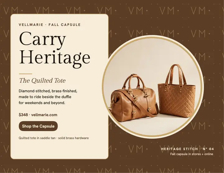 Vellmarie quilted tote capsule flyer template