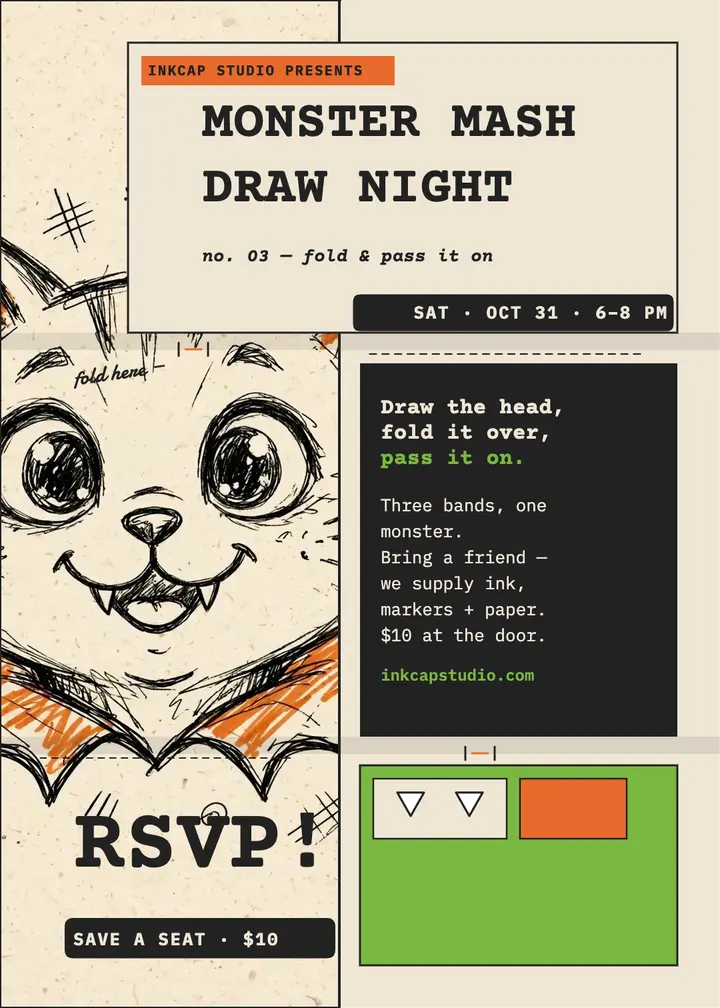 Inkcap Monster Mash draw night invite template