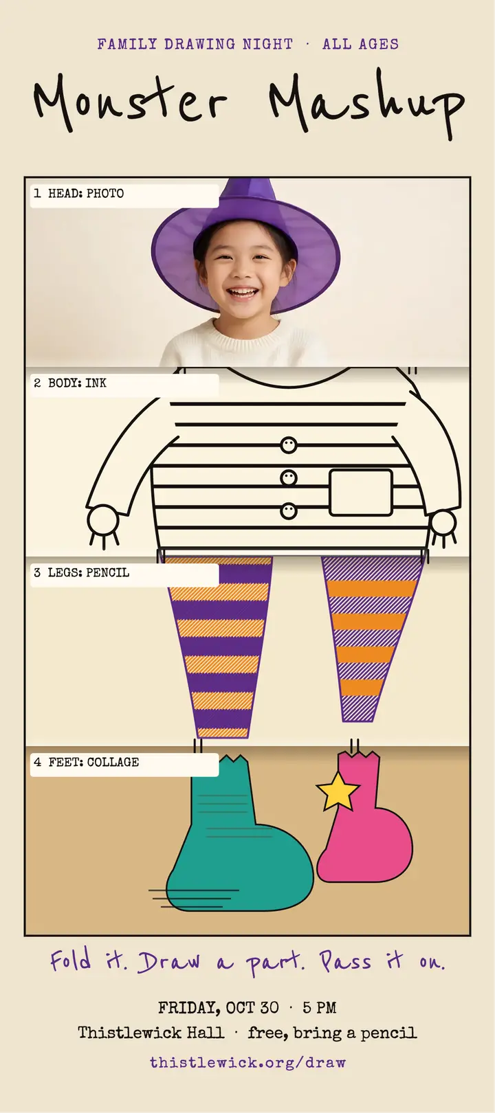 Thistlewick monster mashup rack card: halloween family drawing night rack card template