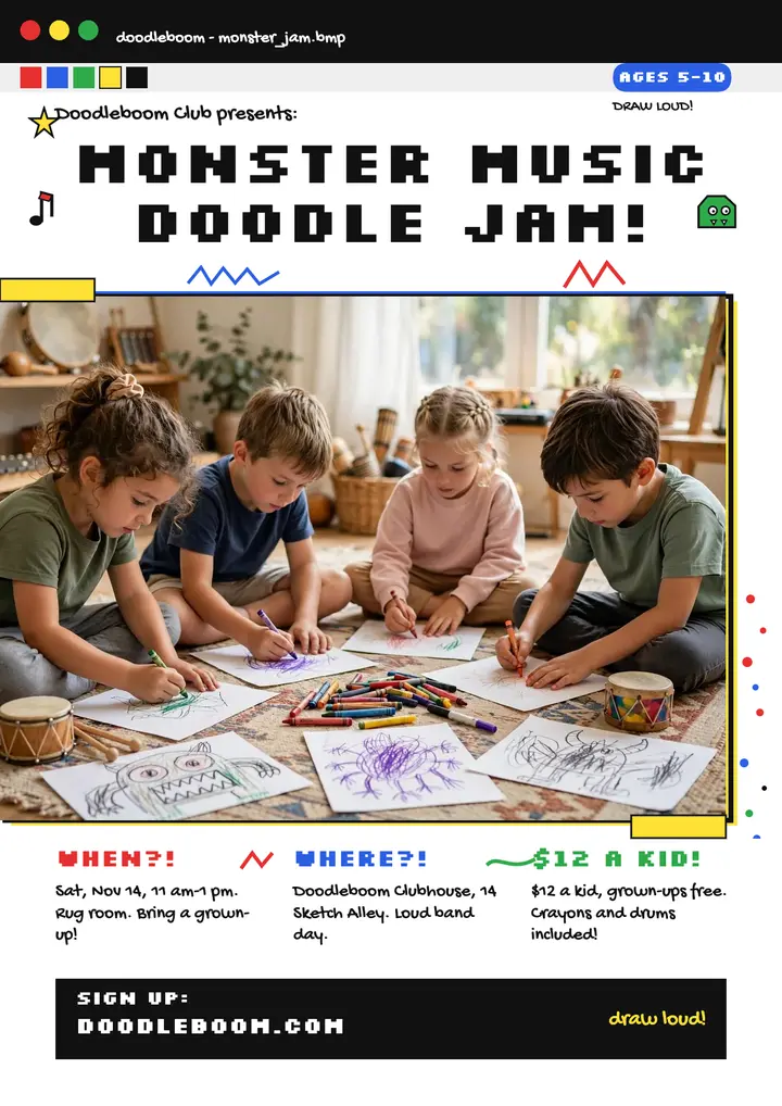 Monster music doodle jam flyer: kids doodle jam flyer template