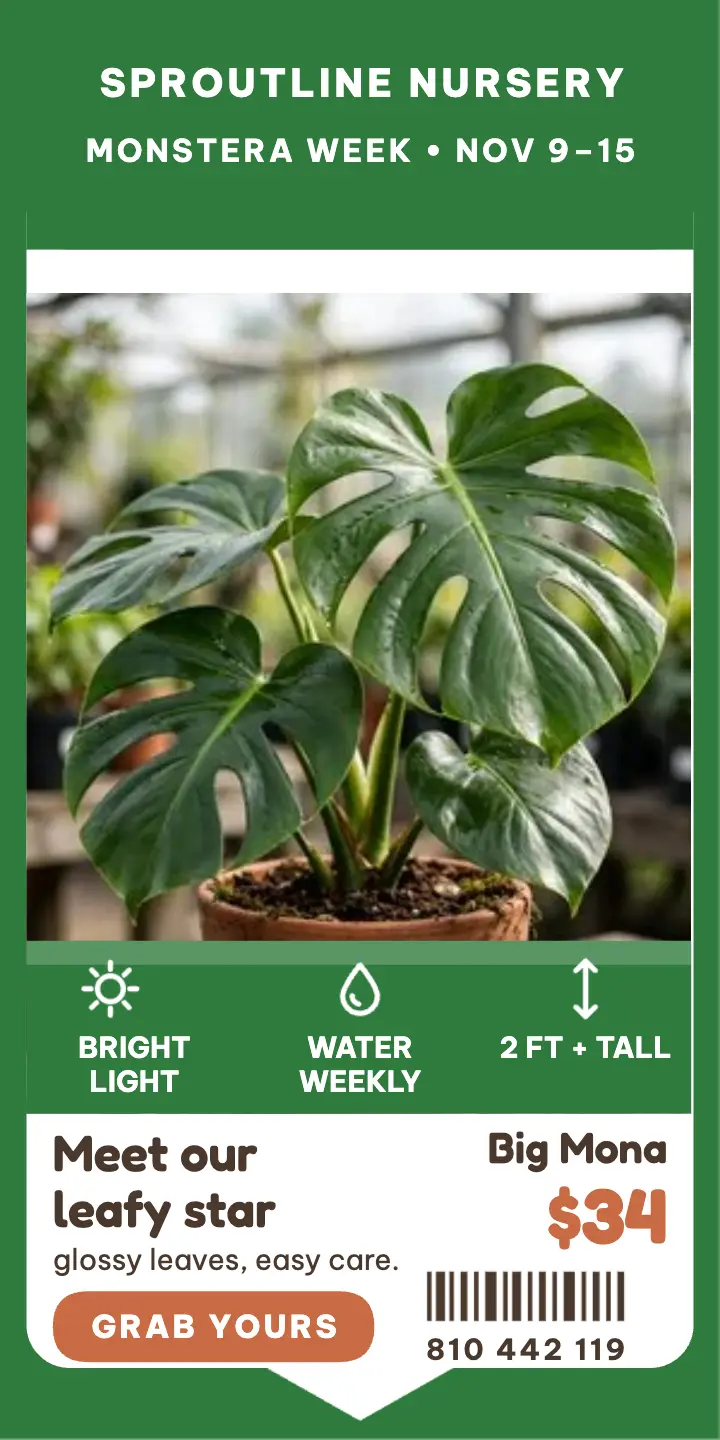 Sproutline Monstera Week nursery tag ad template