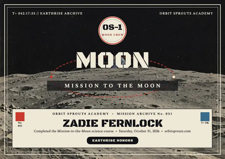 Orbit Sprouts moon course certificate: moon mission certificate template