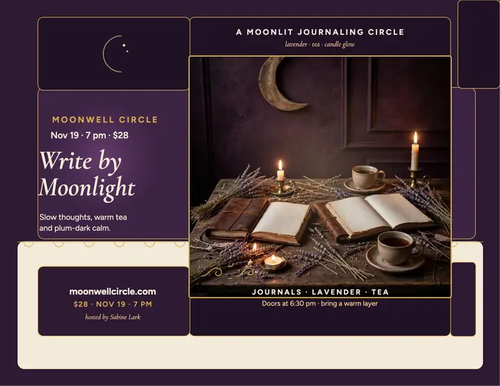 Moonwell Circle moonlight journaling flyer: journaling circle flyer template