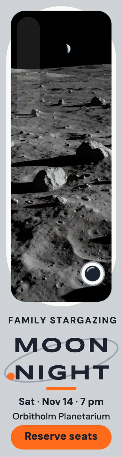 Orbitholm Planetarium Moon Night skyscraper ad, space-age pod template