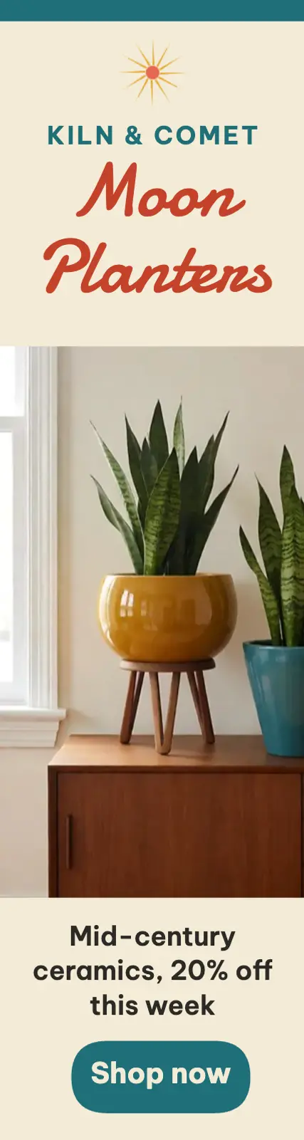 Kiln & Comet mid-century planters skyscraper ad: ceramic planter sale skyscraper ad template